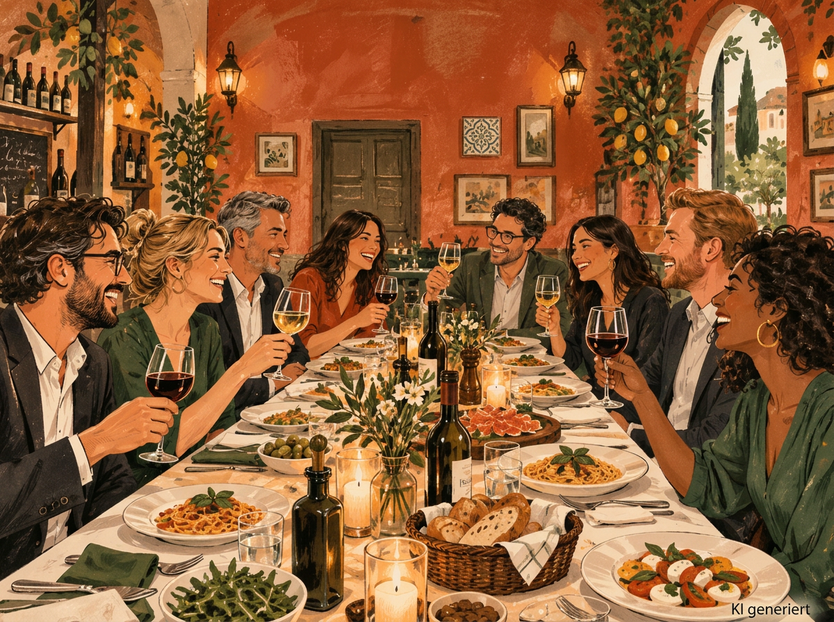 KI-generierte Illustration einer festlich gedeckten langen Tafel mit einem Team bei einer Firmenfeier im Restaurant